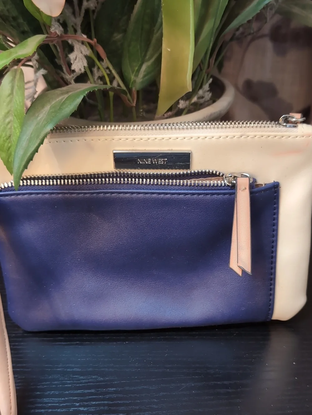 Nine West Navy and Cream Two-Pocket Wristlet Clutch